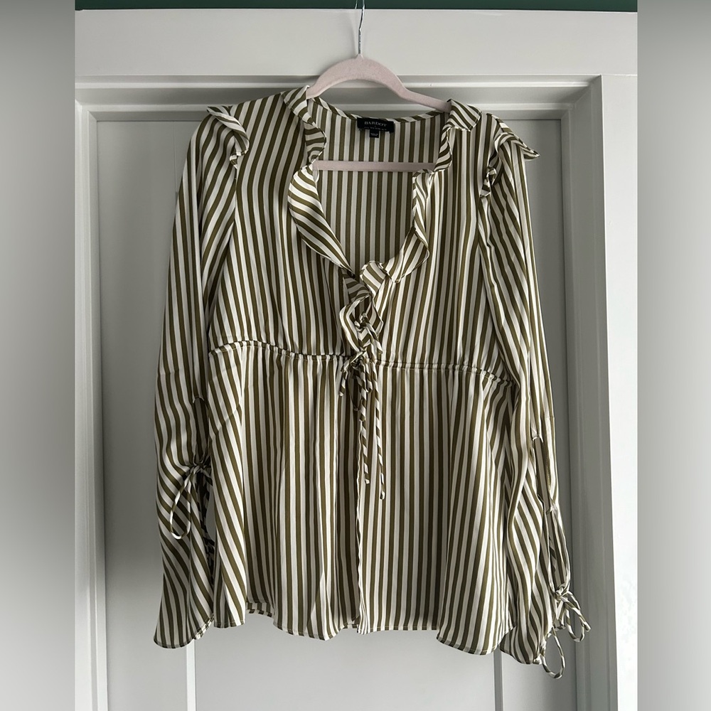 Anthropologie Bardot Olive & White Striped Ruffle Tie-Front Blouse - Size L